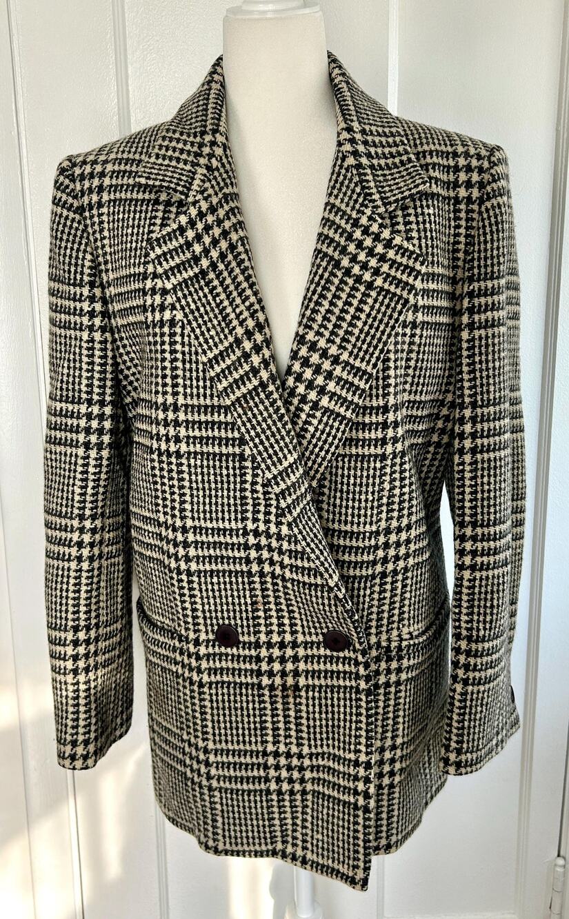 Vintage 100% Wool Houndstooth Blazer, Double Breasted Plaid Workwear Jacket